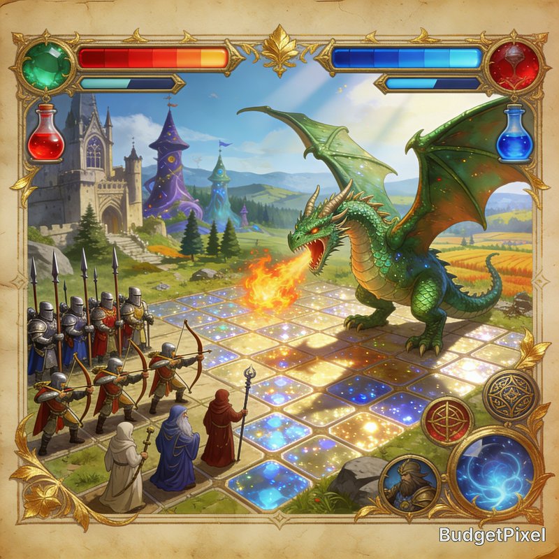 Green dragon breathing fire on a glowing tiled battlefield as knights and wizards prepare to clash