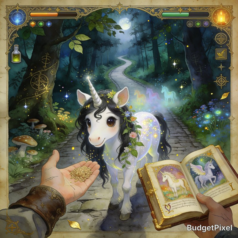 White unicorn with flower crown on a moonlit forest path, accepting sparkly seeds from a hand bes...