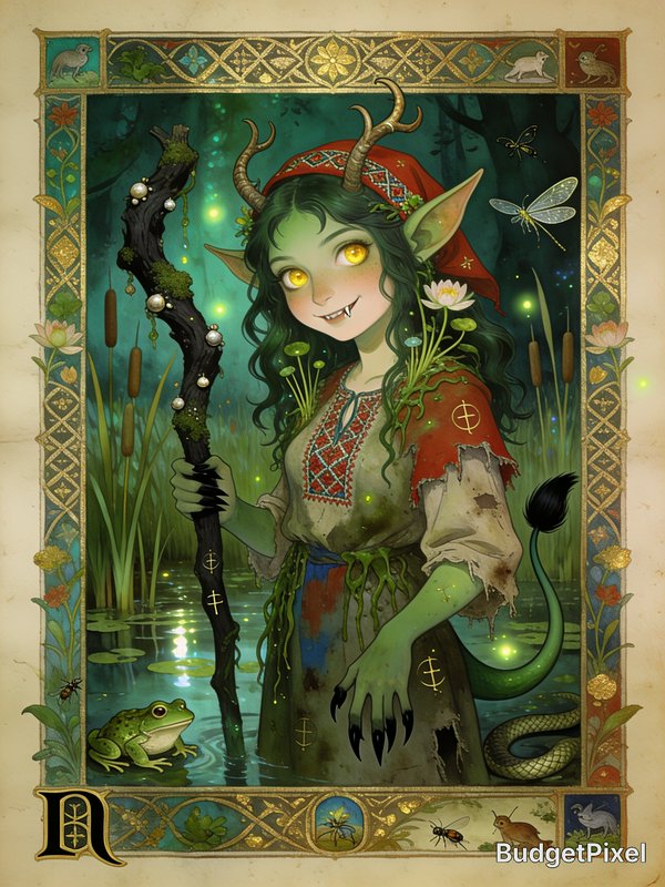 Green-skinned horned elf girl in a red hood holding a wooden staff in a glowing forest.