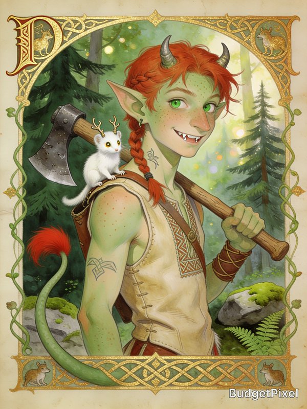 Green-skinned elf with red braided hair, holding an axe in a forest, accompanied by a white creat...