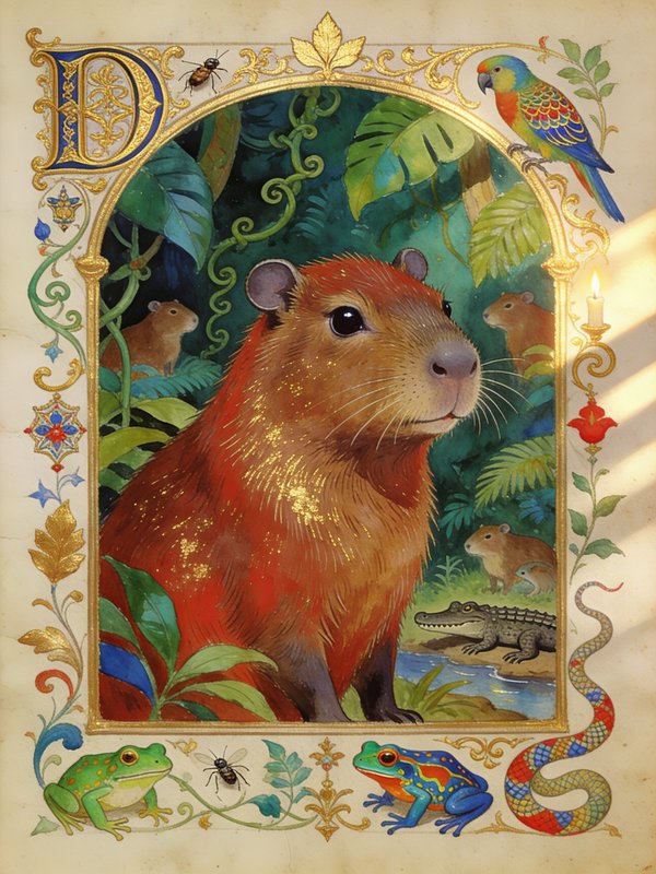 Colorful border illustration featuring a capybara in a tropical jungle with frogs, parrot, alliga...