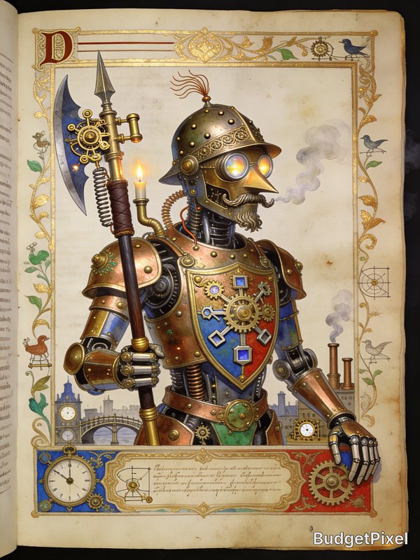 Steampunk robotic knight in brass armor with goggles, wielding a weapon on an ornate illustrated ...