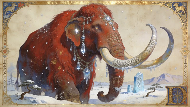 Red woolly mammoth adorned with jewels in a snowy, ethereal landscape.