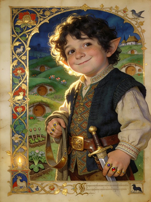Elf-like young boy in a medieval vest with a sword, smiling in a vibrant fantasy village backdrop.