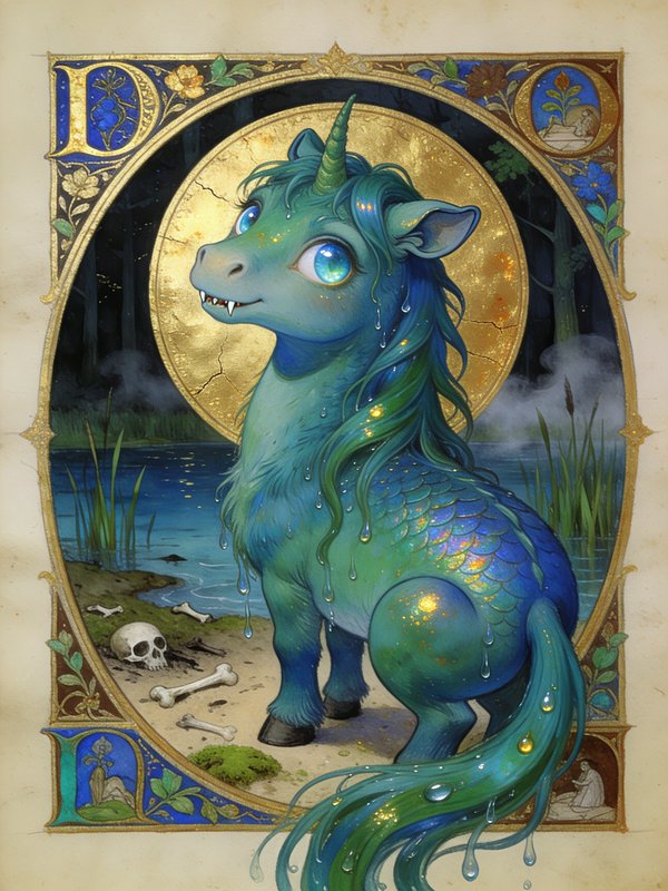 Medieval illuminated manuscript-style art of a chibi teal aquatic kelpie-unicorn, framed in an or...