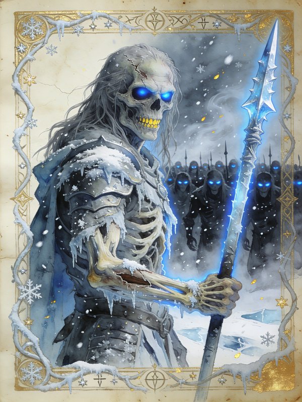 Ornate medieval manuscript-style art of an ice lich skeleton with a glowing blue ice spear leadin...