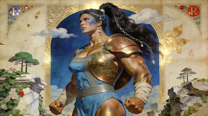 Muscular Greco-Roman female warrior in ornate brass battle armor, set within a gilded, illuminate...