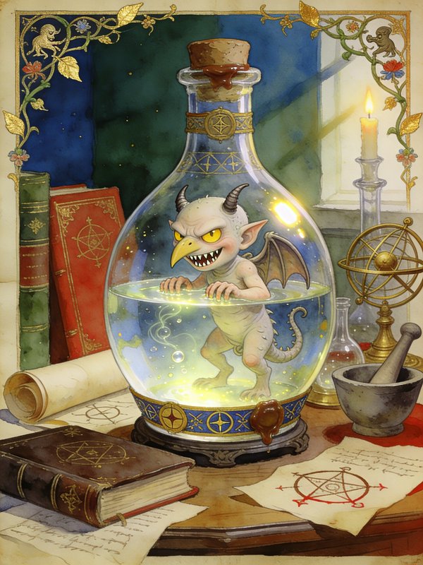 Menacing cute imp trapped in a glowing magical potion bottle on a wizard’s alchemy worktable, sur...