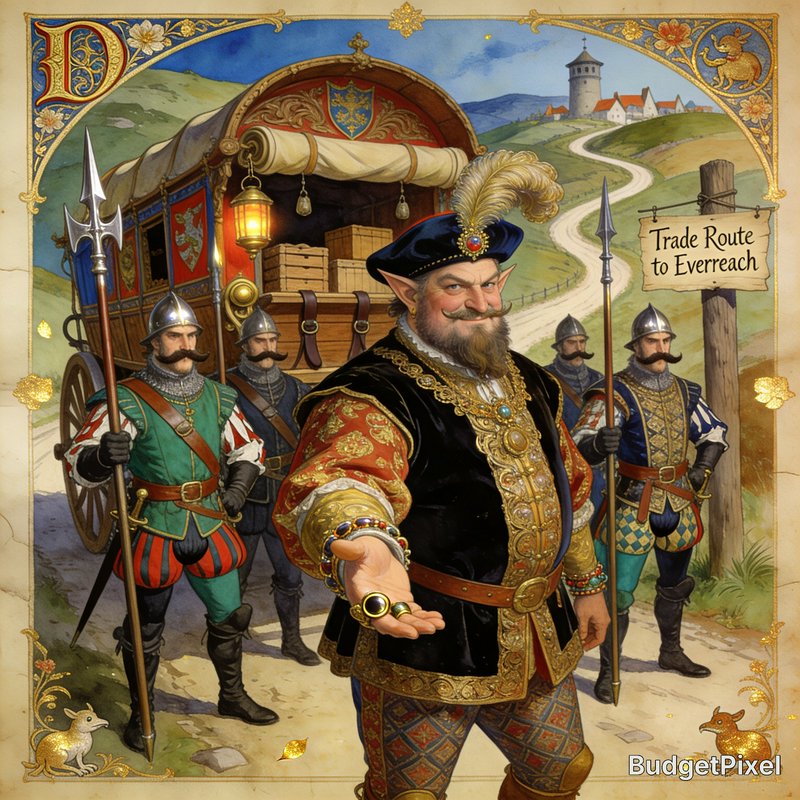 "Medieval illuminated manuscript-style fantasy art of an elven merchant, guards, and cargo wagon ...