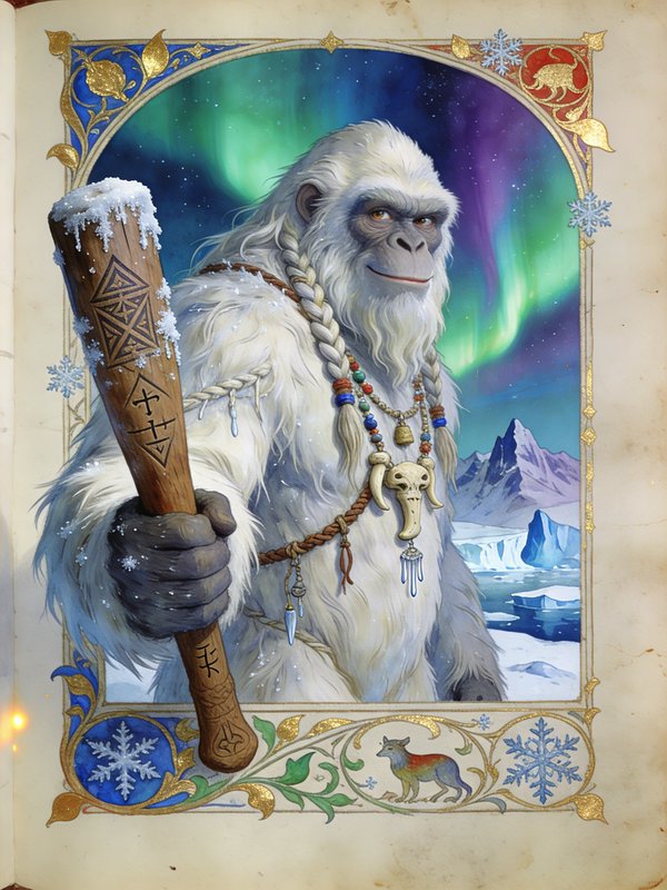 "Illuminated manuscript-style illustration of an arctic yeti shaman holding a rune-carved staff, ...