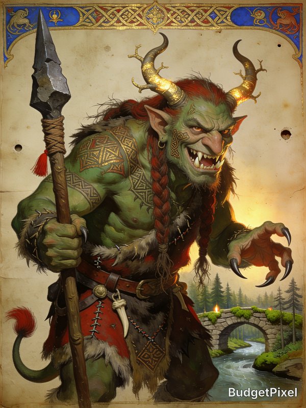 Menacing horned green troll warrior with a spear, rendered in illuminated manuscript style on age...