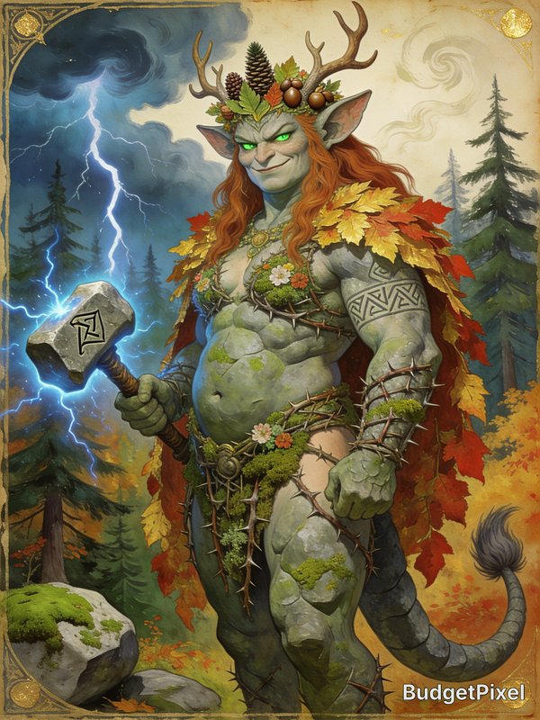 Green forest faun guardian with antler crown holding lightning rune hammer, autumn storm fantasy ...