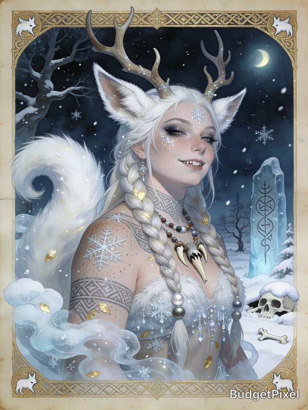 Ornate illustrated portrait of a white-haired winter fantasy fae woman with antlers and fox ears ...