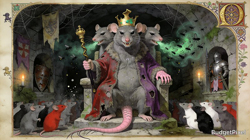 Illuminated manuscript style illustration of a three-headed crowned rat king seated on a stone th...