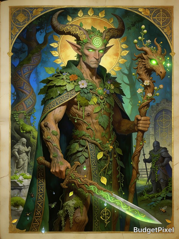 Ornate framed fantasy illustration of horned wood-elven nature deity with glowing green eyes, enc...