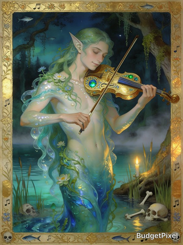 Ethereal elven merman plays an ornate jeweled golden violin while standing in a misty moonlit swa...