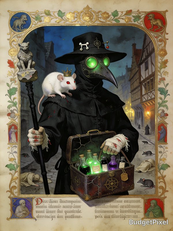 Illuminated manuscript page of a plague doctor with glowing goggles, crowned white rat, potion ca...