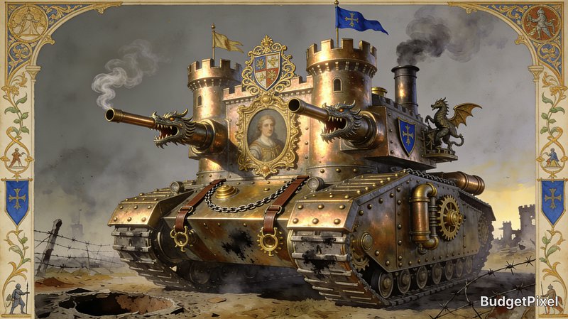 Ornate steampunk medieval battle tank with dragon cannons, castle turrets, and heraldic details f...