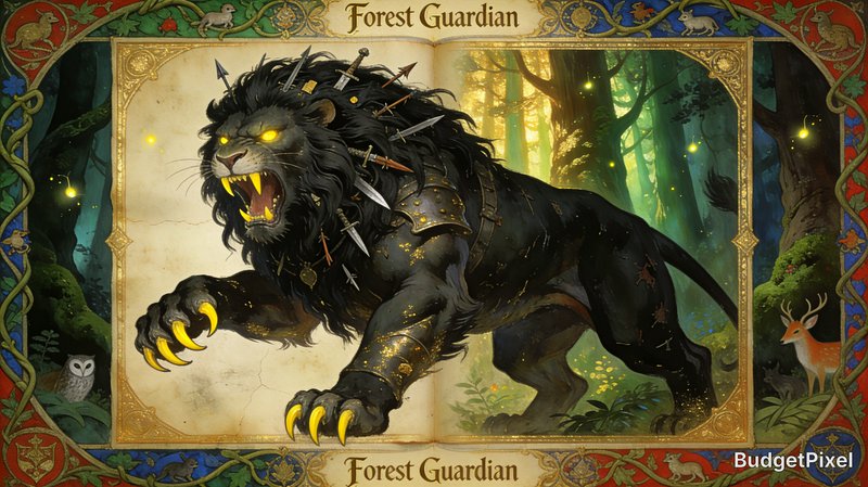 Illuminated medieval bestiary art of a roaring black lion Forest Guardian with glowing yellow eye...
