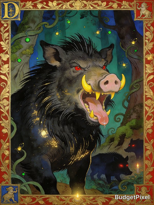 Illuminated manuscript illustration of a menacing enchanted giant black boar in a magical dark fo...
