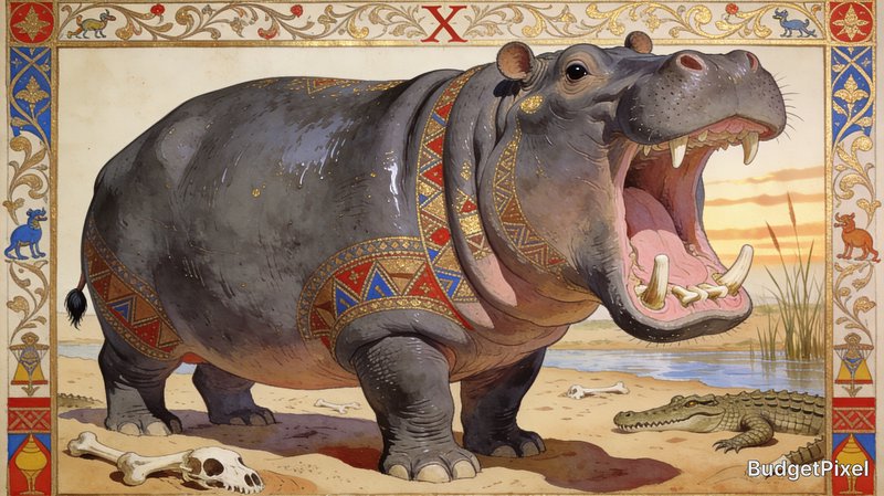 Illuminated manuscript style illustration of an ornate yawning hippopotamus framed by a decorativ...