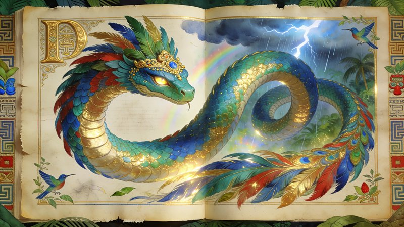 Open antique illuminated manuscript page featuring gilded feathered Quetzalcoatl serpent god with...