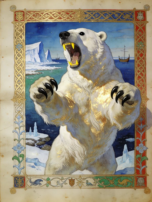 Illuminated manuscript illustration of a roaring upright polar bear in an arctic landscape, frame...