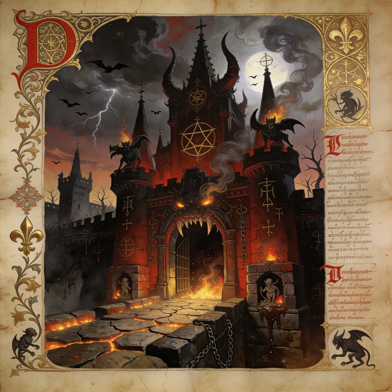 Illuminated medieval manuscript page of a demonic gothic hell fortress, with pentagrams, gargoyle...