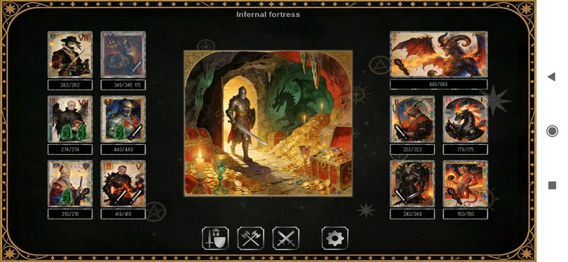 Fantasy RPG game UI, central artwork of armored knight entering a dragon treasure hoard cave, fla...