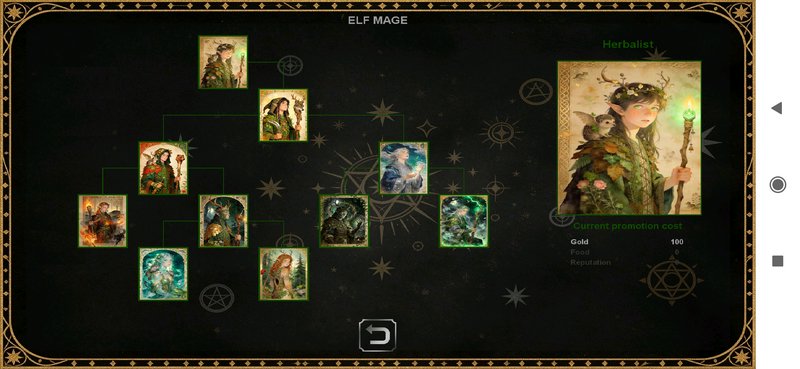Fantasy RPG Elf Mage skill tree UI, showing branching class paths and highlighted Herbalist subcl...