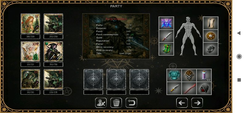 Ornate dark fantasy RPG party management UI showing character cards, party stats, and equipment i...