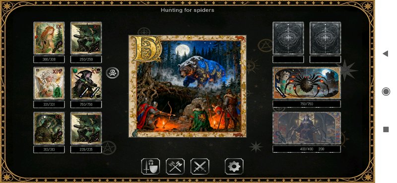 Dark fantasy tactical RPG UI for the "Hunting for spiders" quest, showing character cards and a c...
