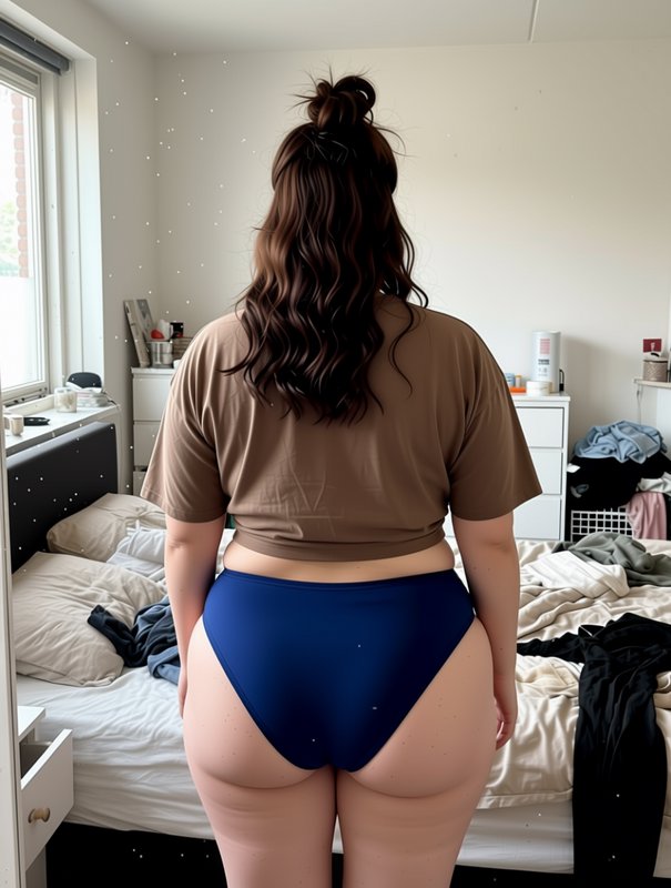 Rear view of a curvy plus-size woman in a brown crop top and navy underwear standing in a sunlit,...