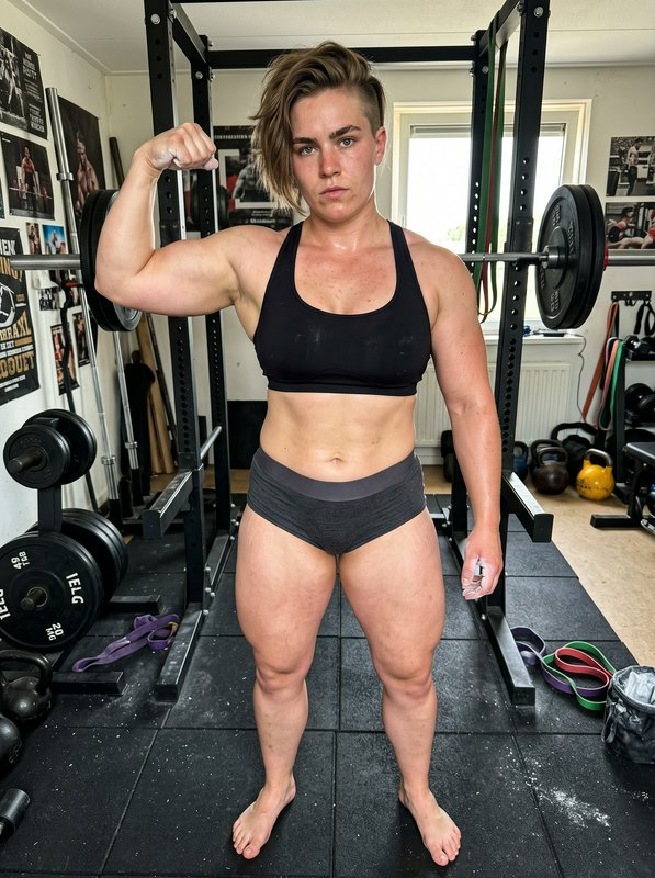 Muscular female strength athlete flexes her bicep while standing post-workout in a fully equipped...
