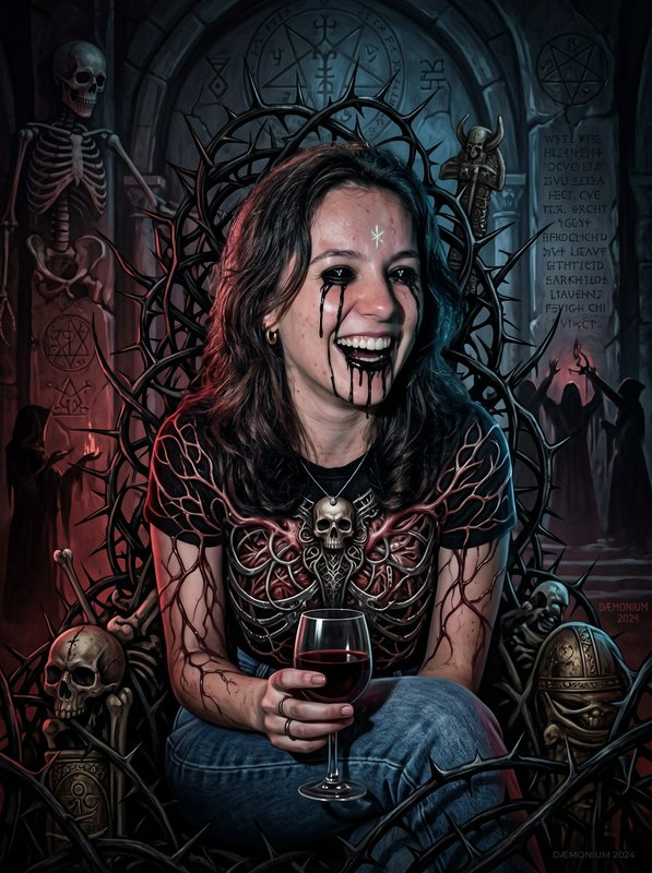 Grinning occult woman with black drip makeup sits on a thorn throne holding red wine in a gothic ...