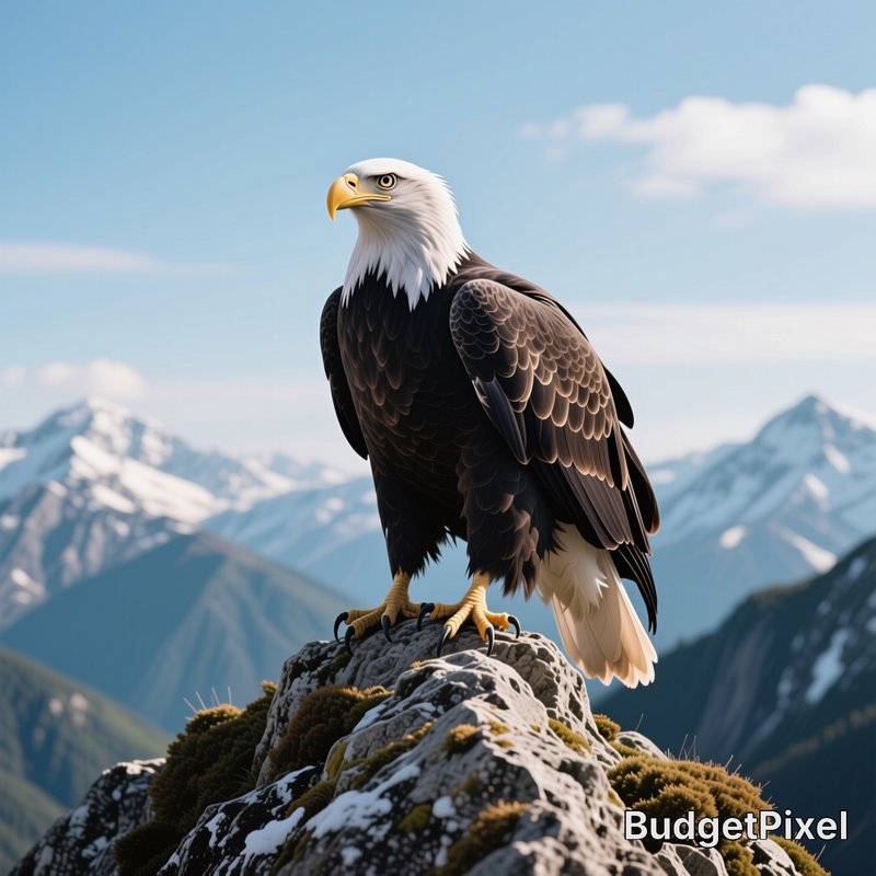 [Majestic bald eagle perched on a snow-dusted rocky mountain peak, overlooking snow-capped alpine ranges under a bright bl...