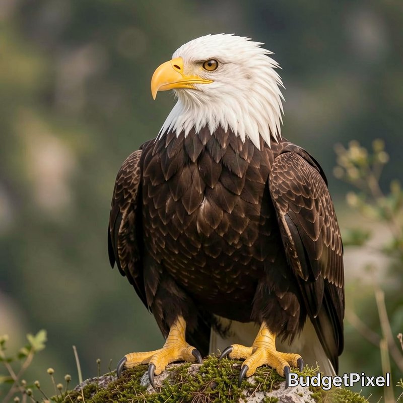 Majestic bald eagle perched on mossy rock, sharp portrait against soft blurred green natural forest background