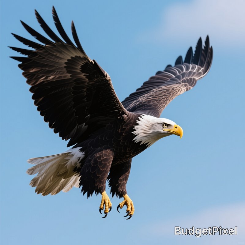 [Majestic bald eagle mid-flight with outstretched wings and extended talons against a bright clear blue sky]