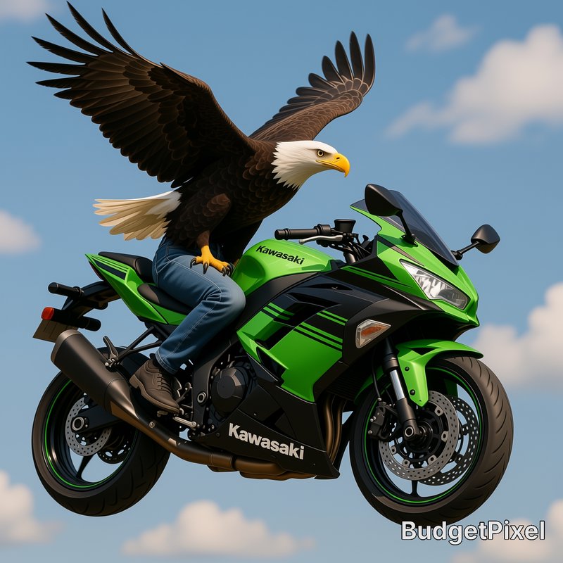 Anthropomorphic bald eagle hybrid riding a green Kawasaki sport bike mid-flight against a bright cloudy blue sky