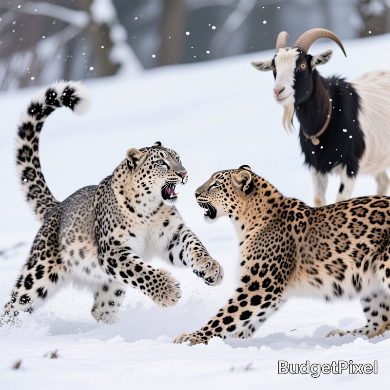 Two leopards snarl and face off in deep winter snow, as a horned mountain goat watches from the background while snow falls.