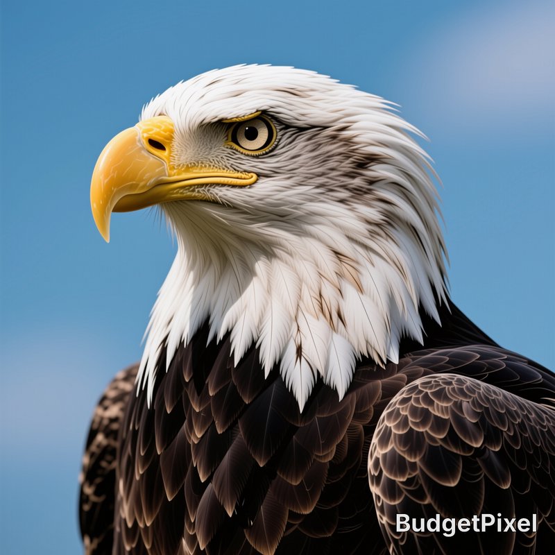 Close-up portrait of a majestic bald eagle with white head plumage and bright yellow beak, set against a soft clear blue sky.