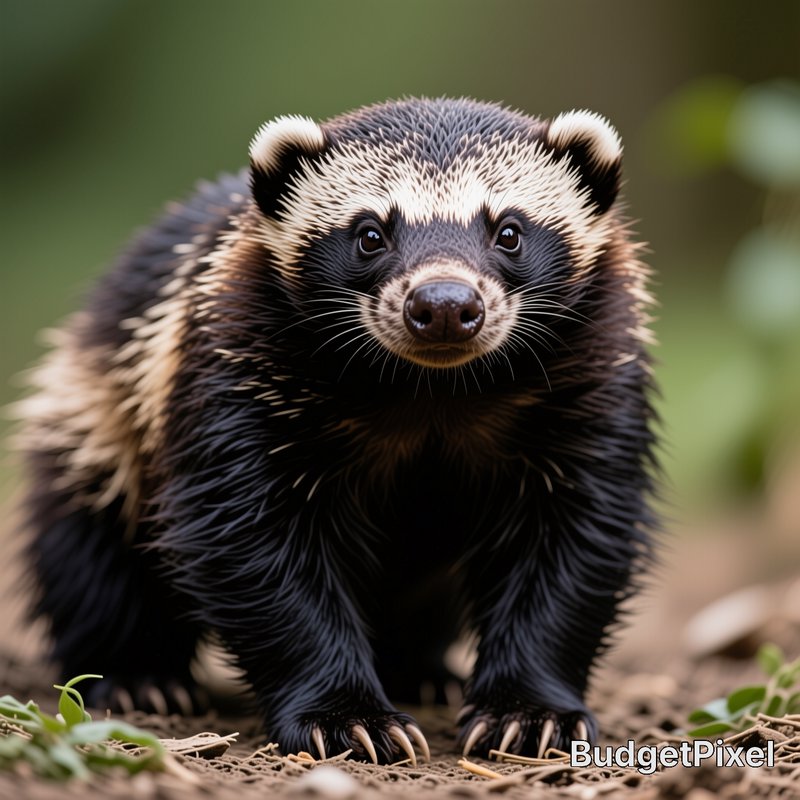 Close-up portrait of a fluffy honey badger standing on a forest floor, looking directly at the camera against blurred gree...