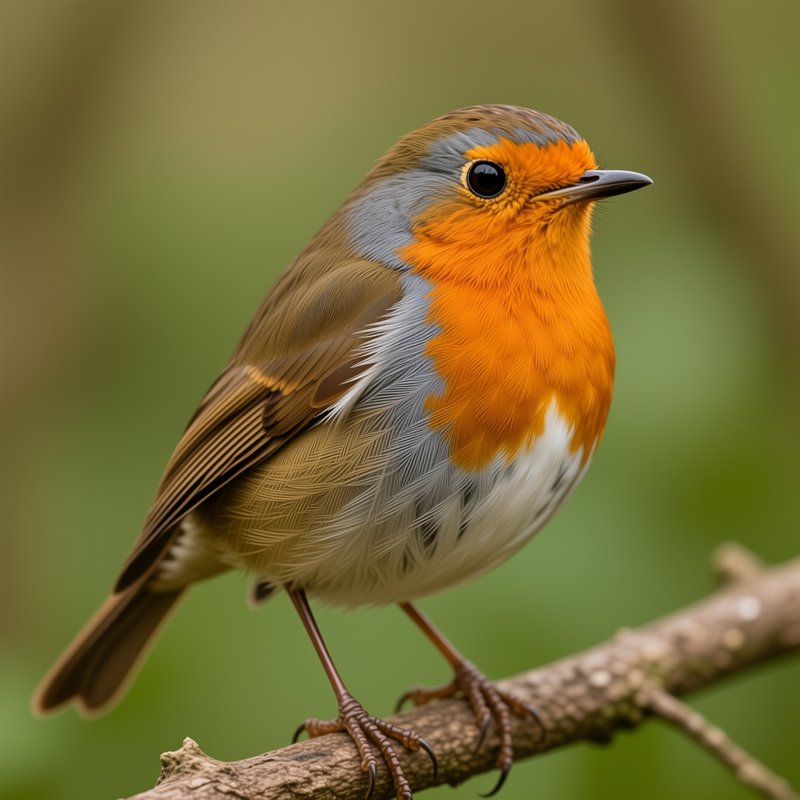 [Close-up of a vibrant European robin perched on a textured tree branch against a soft blurred green foliage background]