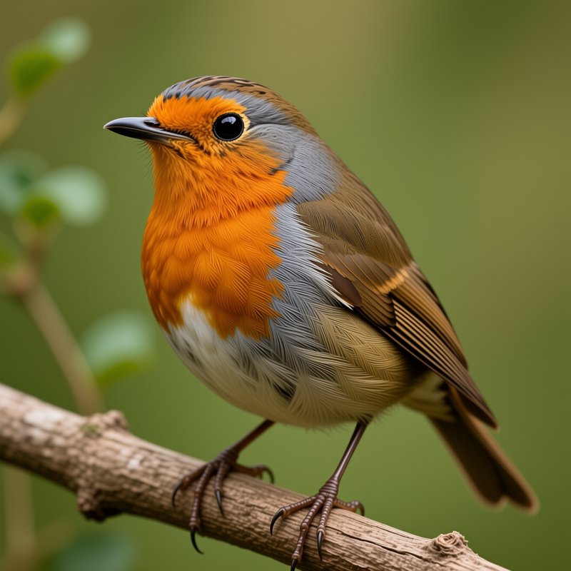 [Close-up of a bright orange-breasted European robin perched on a wood branch against blurred green natural foliage backgr...