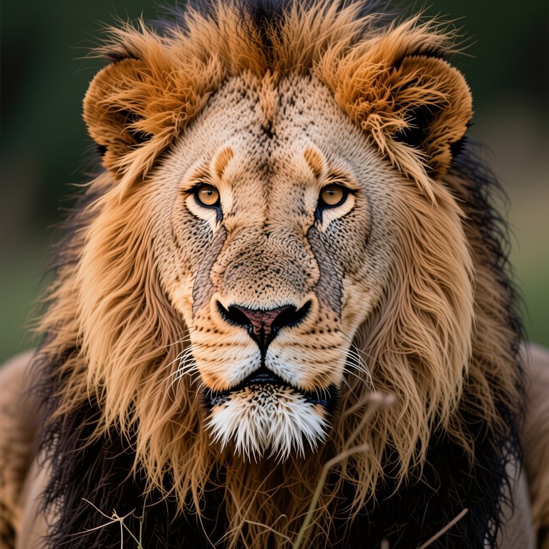 Close-up portrait of a majestic male African lion staring directly at the viewer, with a thick multi-toned mane and blurre...