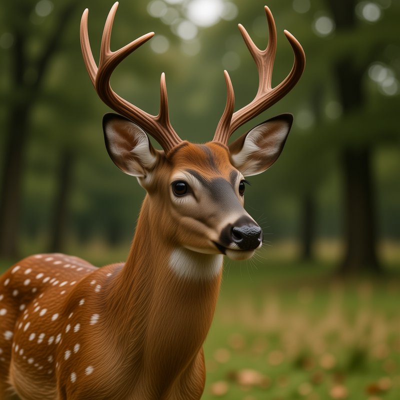 Close-up portrait of a spotted whitetail buck with antlers standing in a blurred green forest clearing.