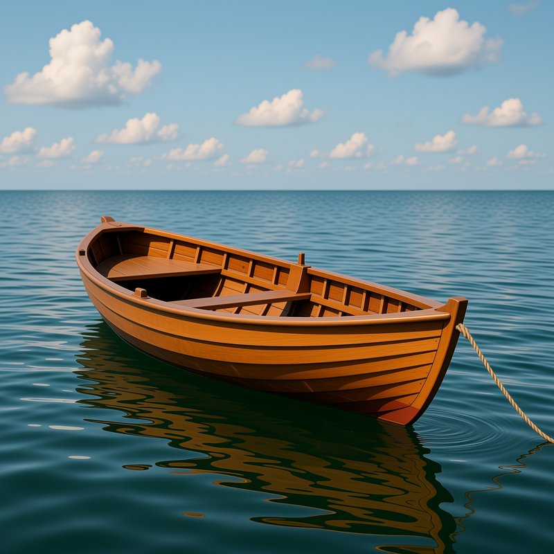 [Polished wooden rowboat floating on calm teal ocean, under a bright blue sky dotted with fluffy white cumulus clouds]