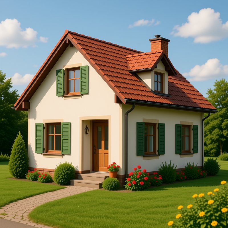 Cozy small suburban cottage with terracotta tile roof, green shutters, landscaped front yard unde...