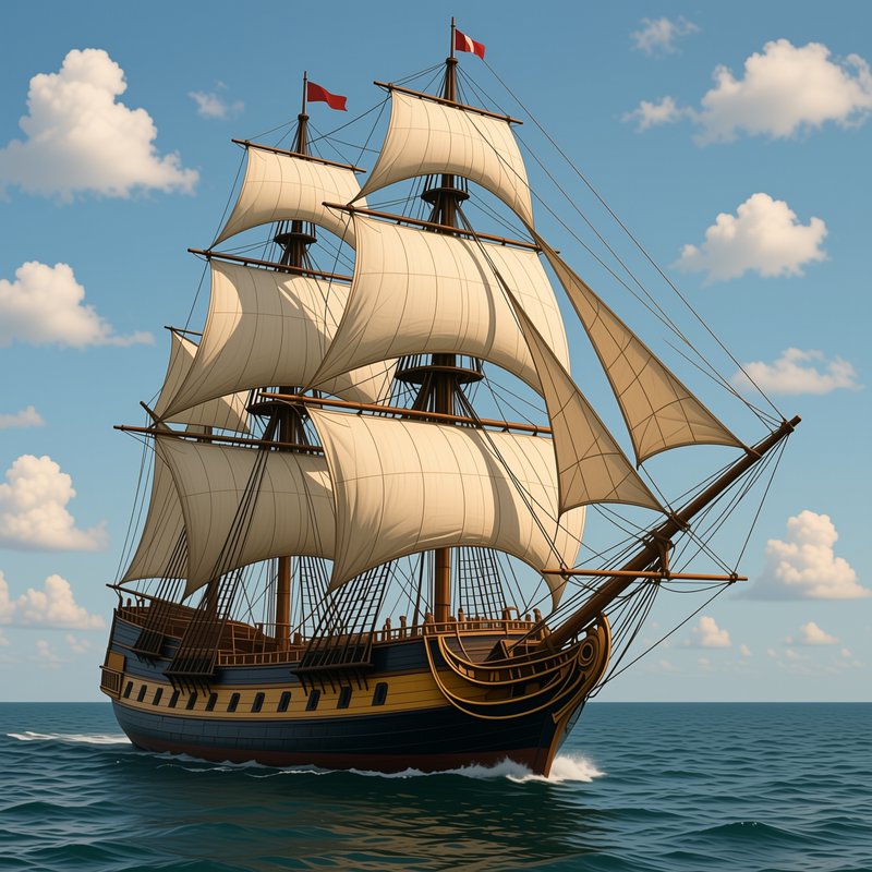Classic wooden galleon with full billowed cream sails glides across calm blue ocean under a brigh...