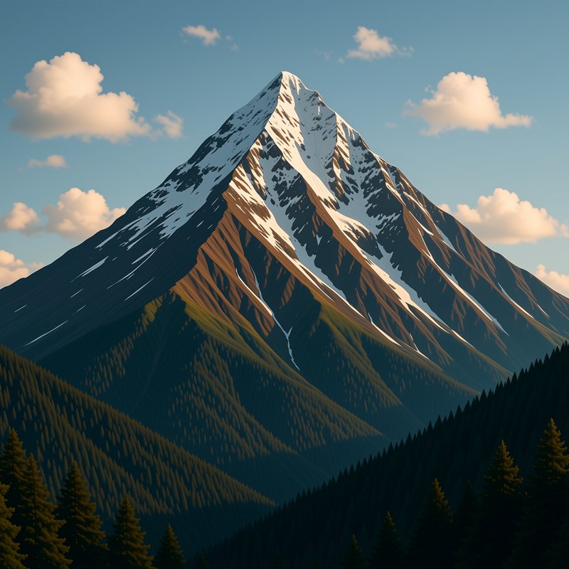 Stylized symmetrical snow-capped mountain peak rises above layered evergreen forests under a blue...